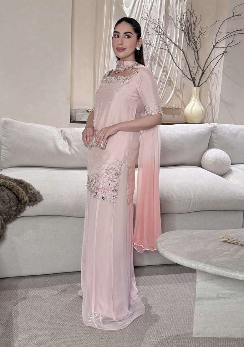 Pink Embroidery Silk Sharara Set - Indya