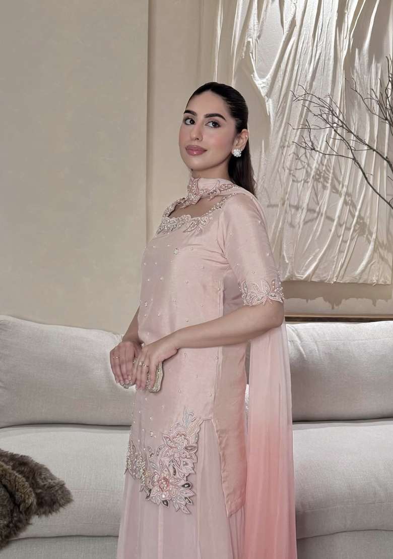Pink Embroidery Silk Sharara Set - Indya