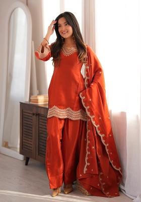 Orange Embroidery Silk Kurta Set
