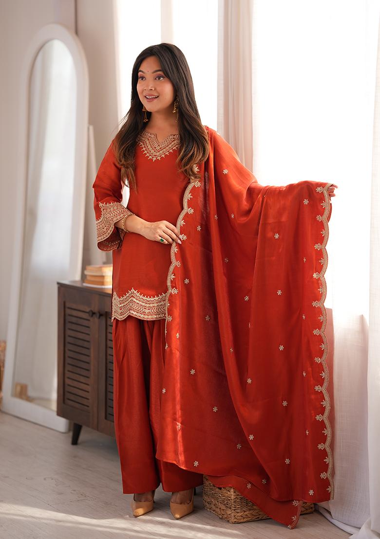 Orange Embroidery Silk Kurta Set - Indya