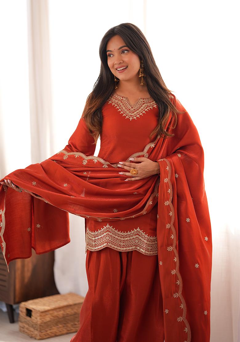 Orange Embroidery Silk Kurta Set - Indya