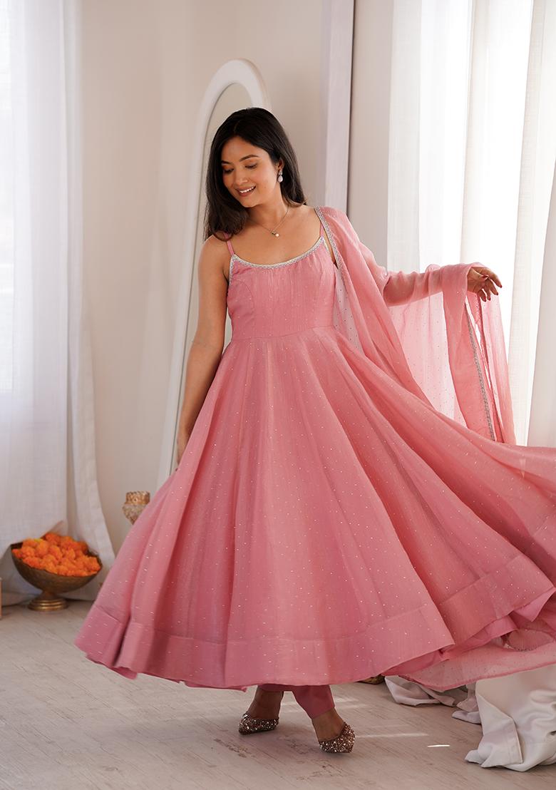 Dusty Pink Diamond Silk Anarkali Set - Indya