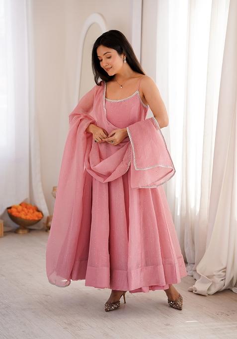 Dusty Pink Diamond Silk Anarkali Set