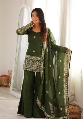 Mehendi Embroidery Silk Kurta Set
