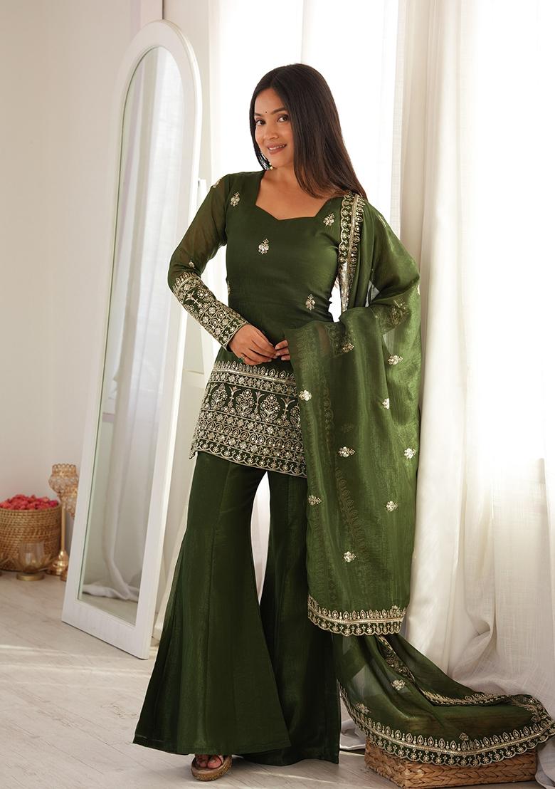 Mehendi Embroidery Silk Kurta Set - Indya