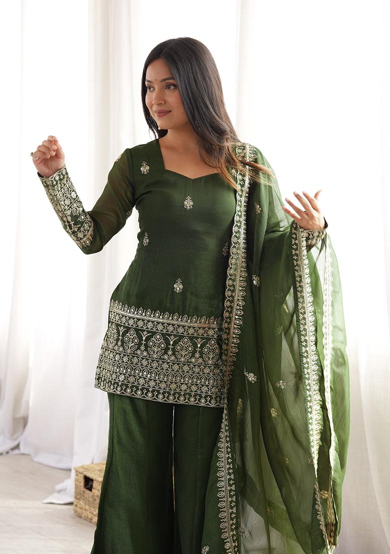 Mehendi Embroidery Silk Kurta Set - Indya