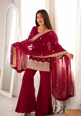 Maroon Embroidery Silk Kurta Set
