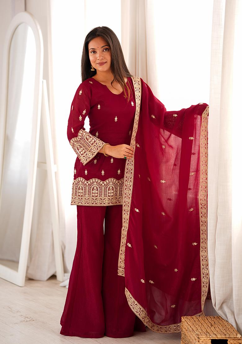 Maroon Embroidery Silk Kurta Set - Indya