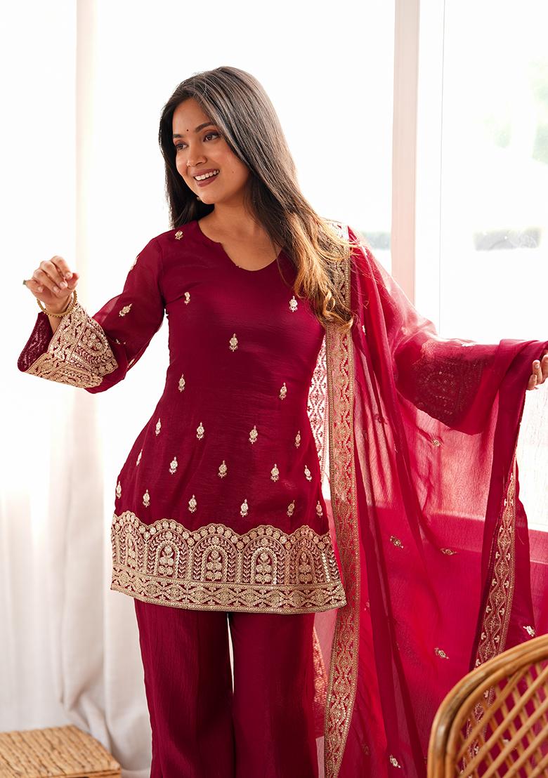 Maroon Embroidery Silk Kurta Set - Indya