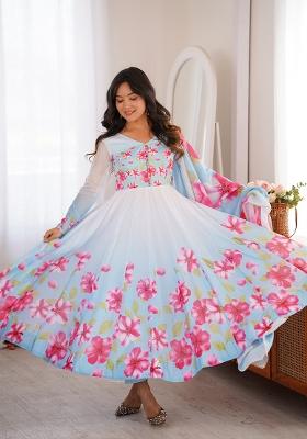Sky Blue Floral Print Silk Anarkali Set