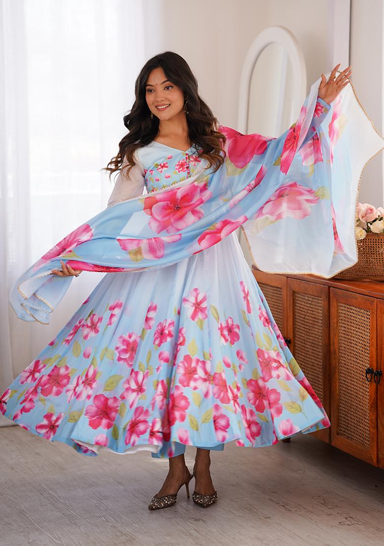 Sky Blue Floral Print Silk Anarkali Set - Indya