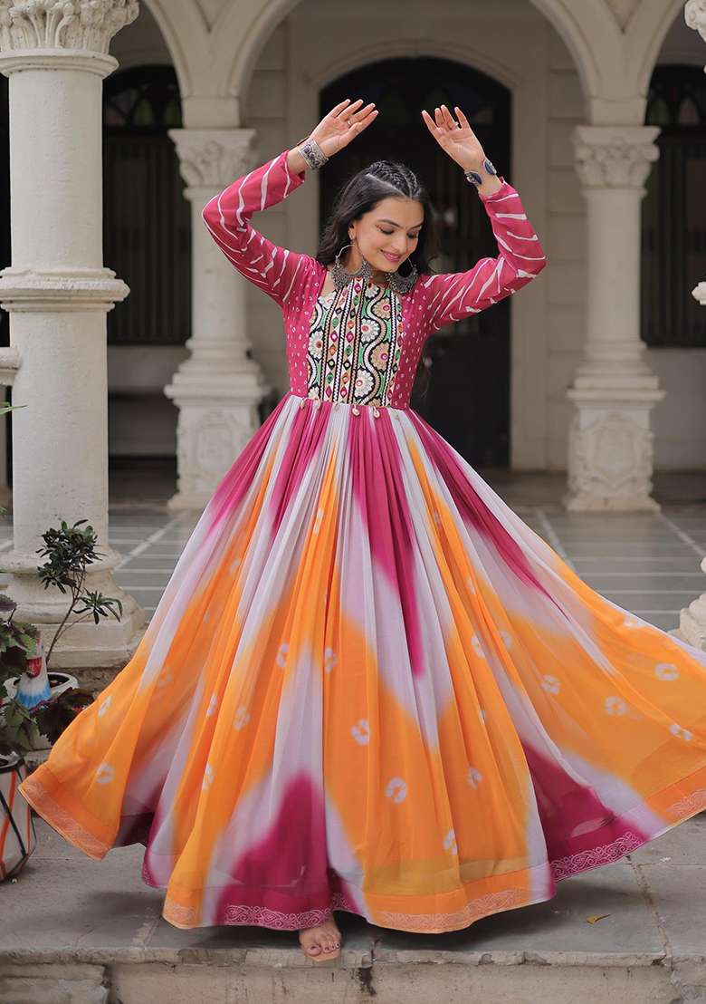 Pink Bandhej Georgette Anarkali - Indya