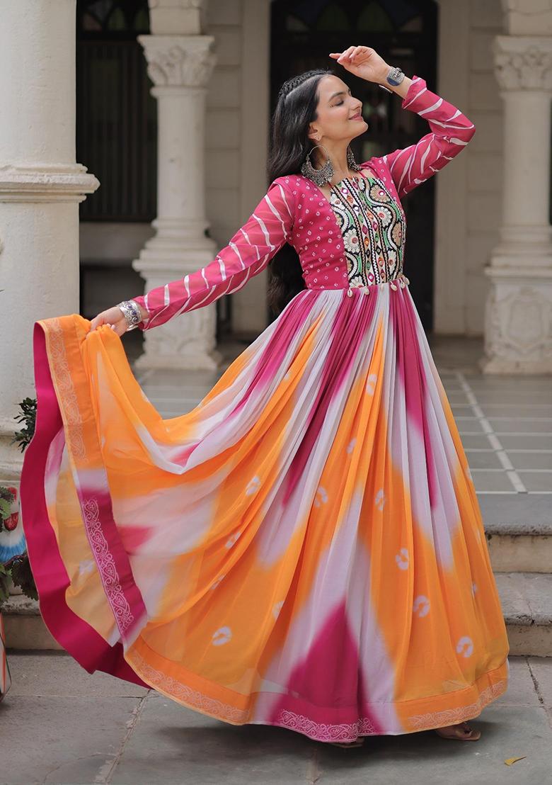 Pink Bandhej Georgette Anarkali - Indya
