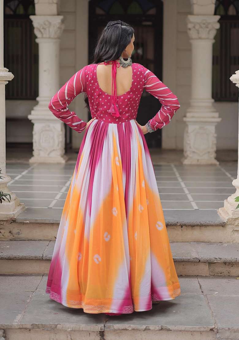 Pink Bandhej Georgette Anarkali - Indya