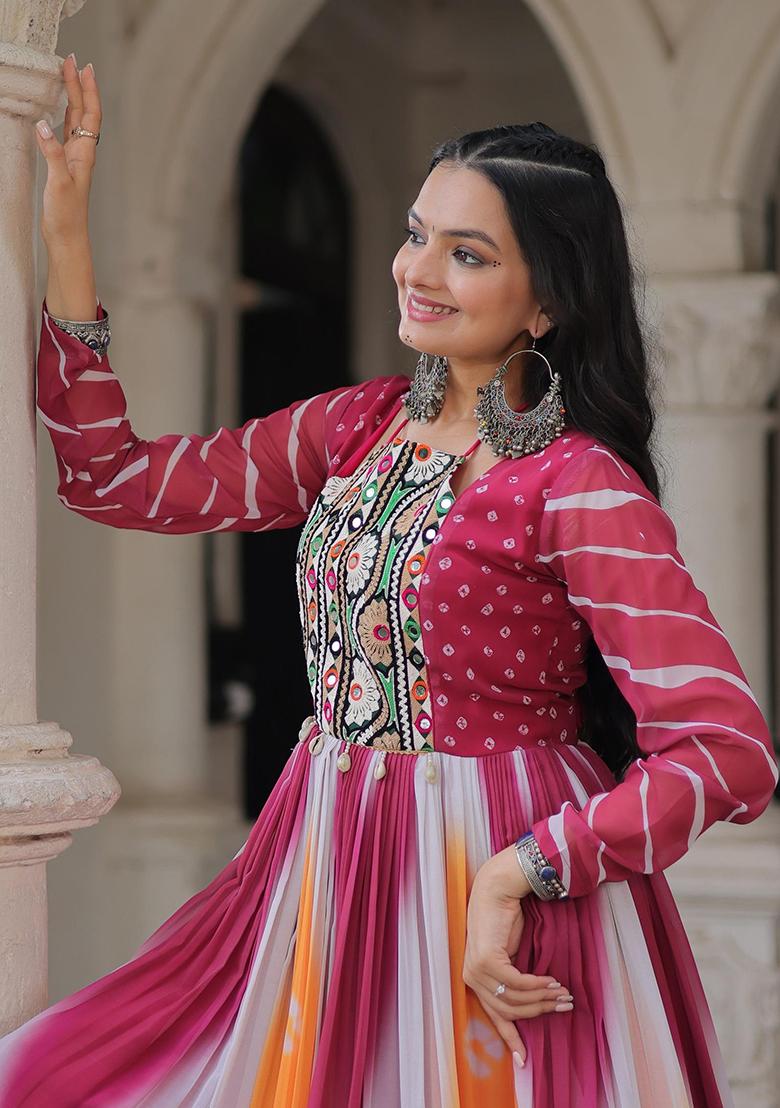 Pink Bandhej Georgette Anarkali - Indya