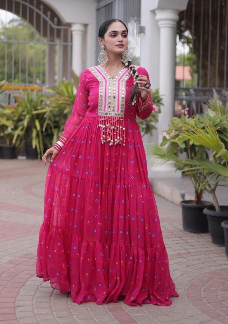 Rani Pink Lehariya Georgette Anarkali - Indya