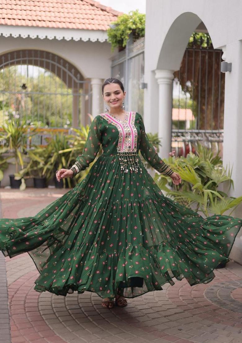 Dark Green Lehariya Georgette Anarkali - Indya