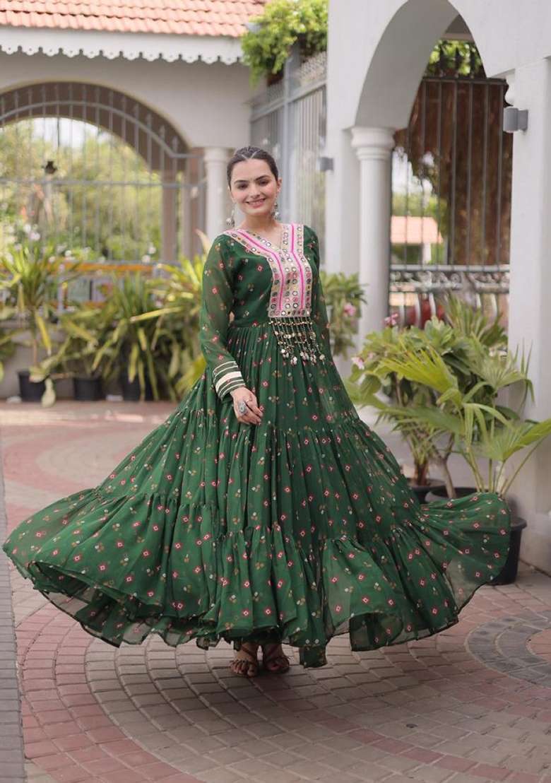 Dark Green Lehariya Georgette Anarkali - Indya