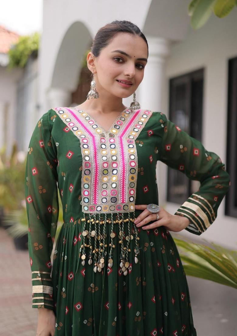 Dark Green Lehariya Georgette Anarkali - Indya