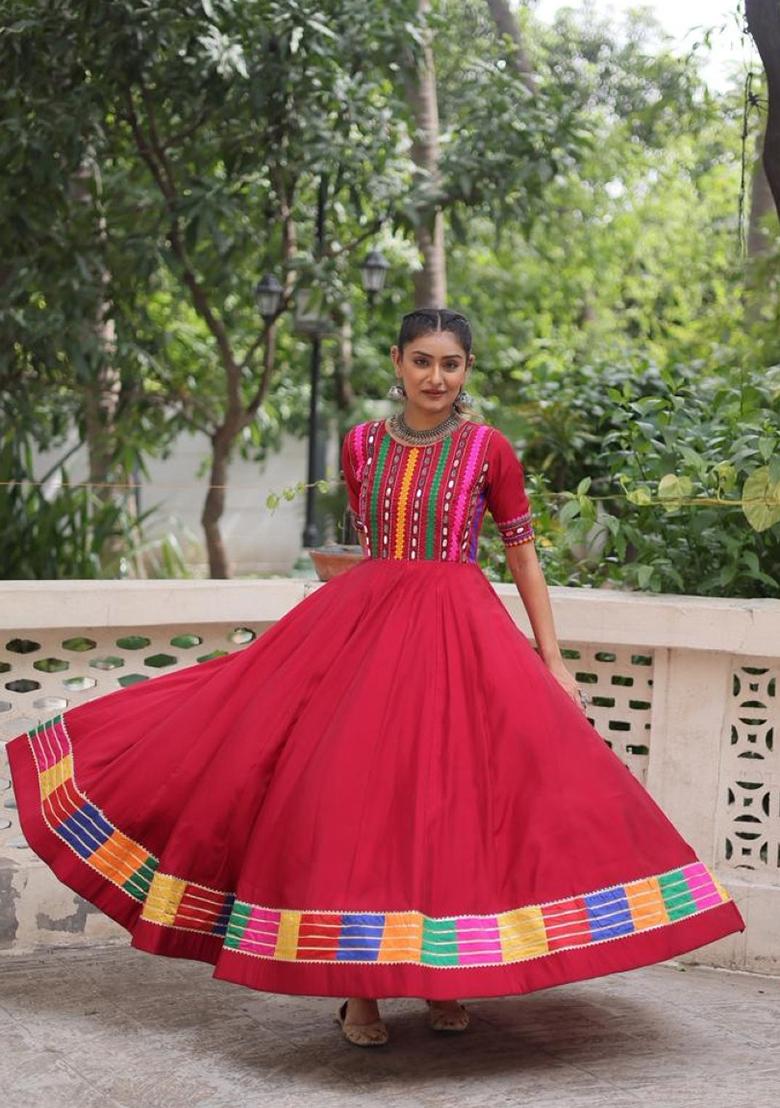 Red Embroidery Silk Anarkali - Indya