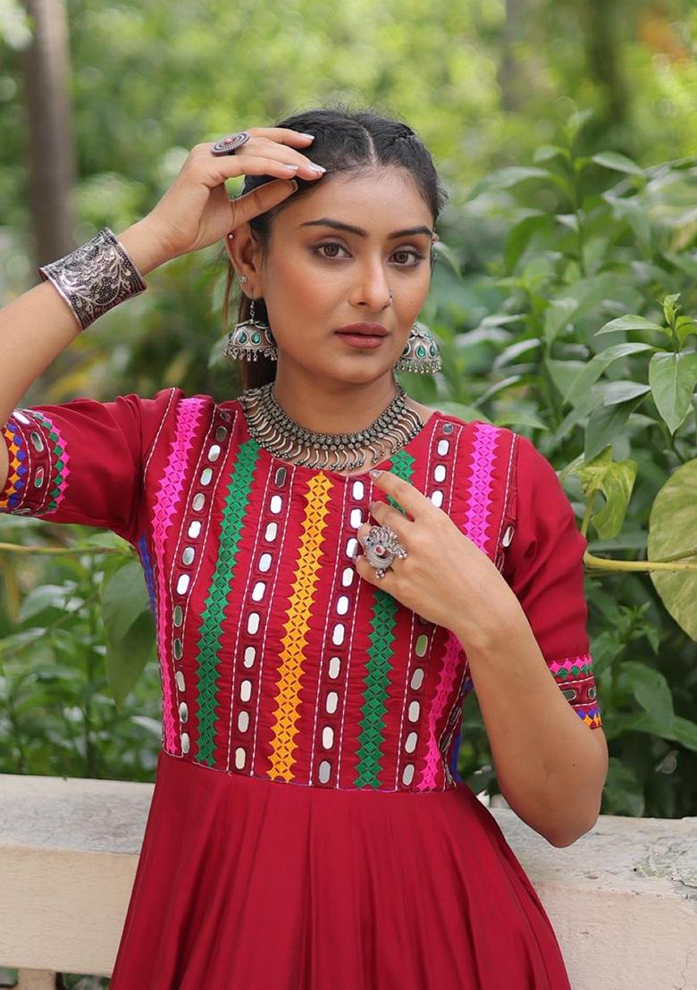 Red Embroidery Silk Anarkali - Indya