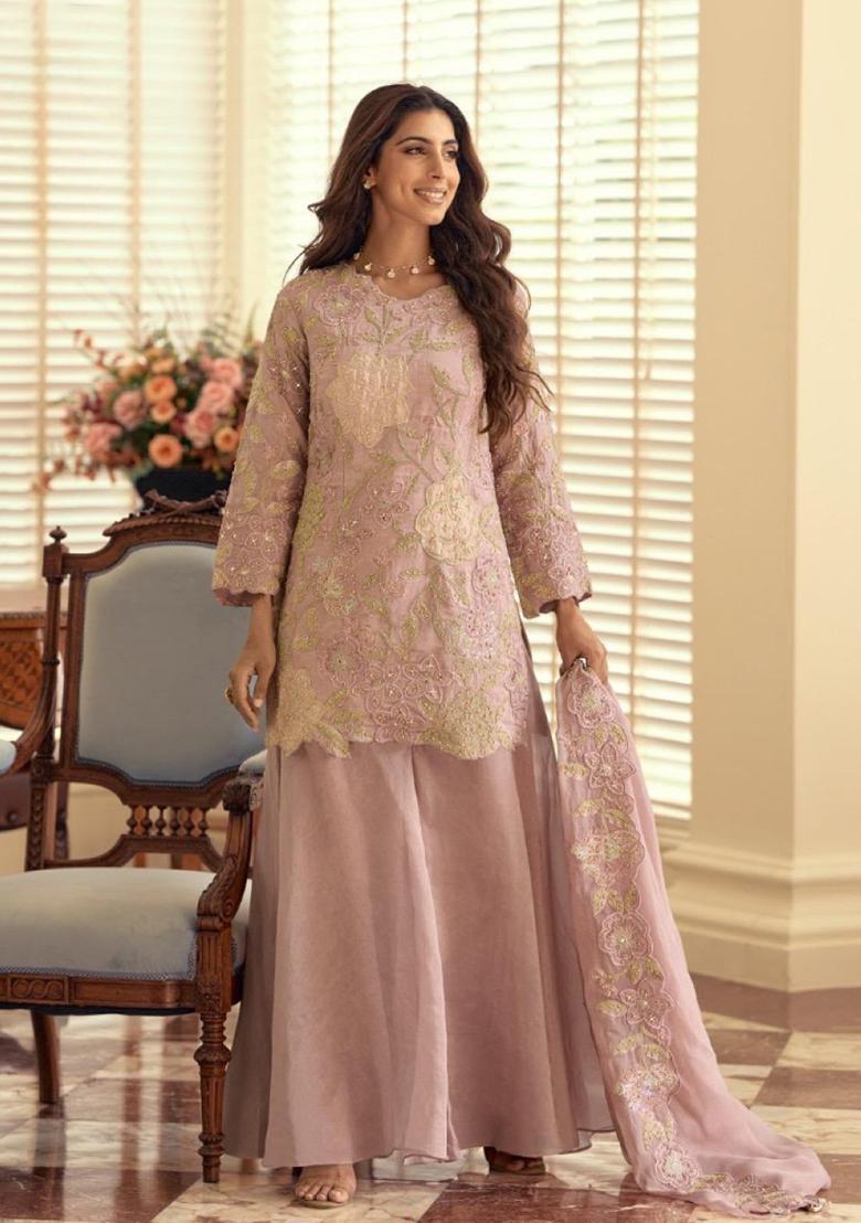 Purple Embroidery Silk Kurta Set - Indya