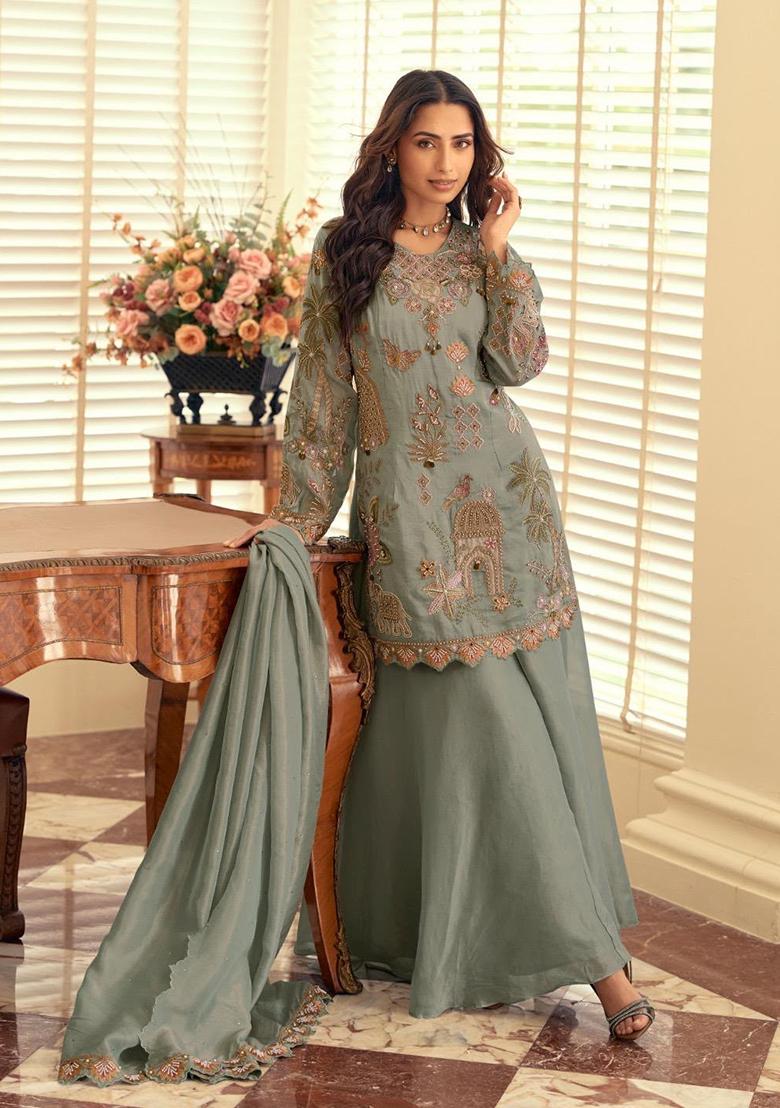 Blue Embroidery Silk Kurta Set - Indya