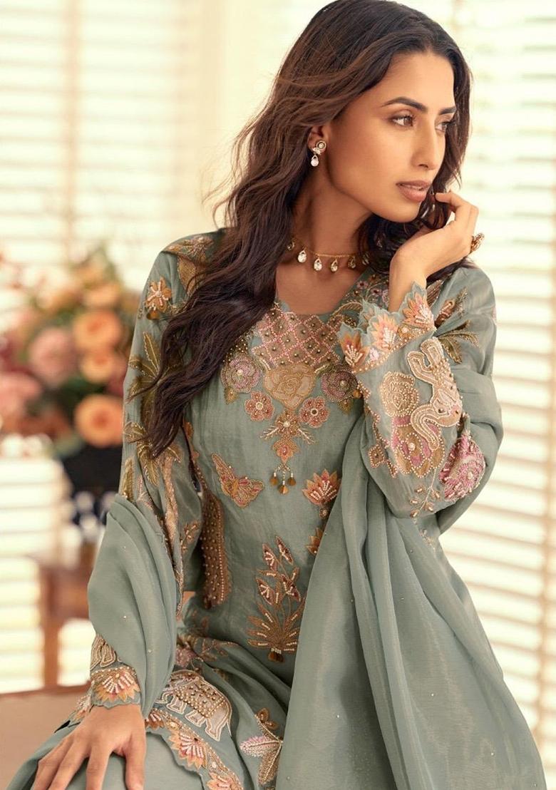 Blue Embroidery Silk Kurta Set - Indya
