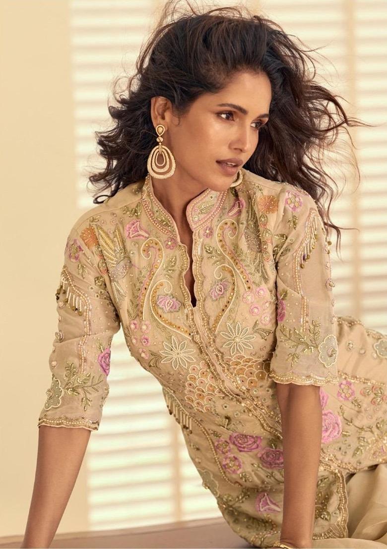 Cream Embroidery Silk Kurta Set - Indya