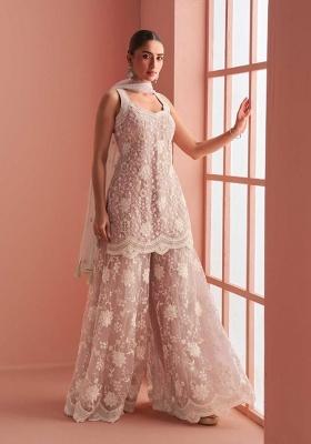 Peach Embroidery Net Kurta Set