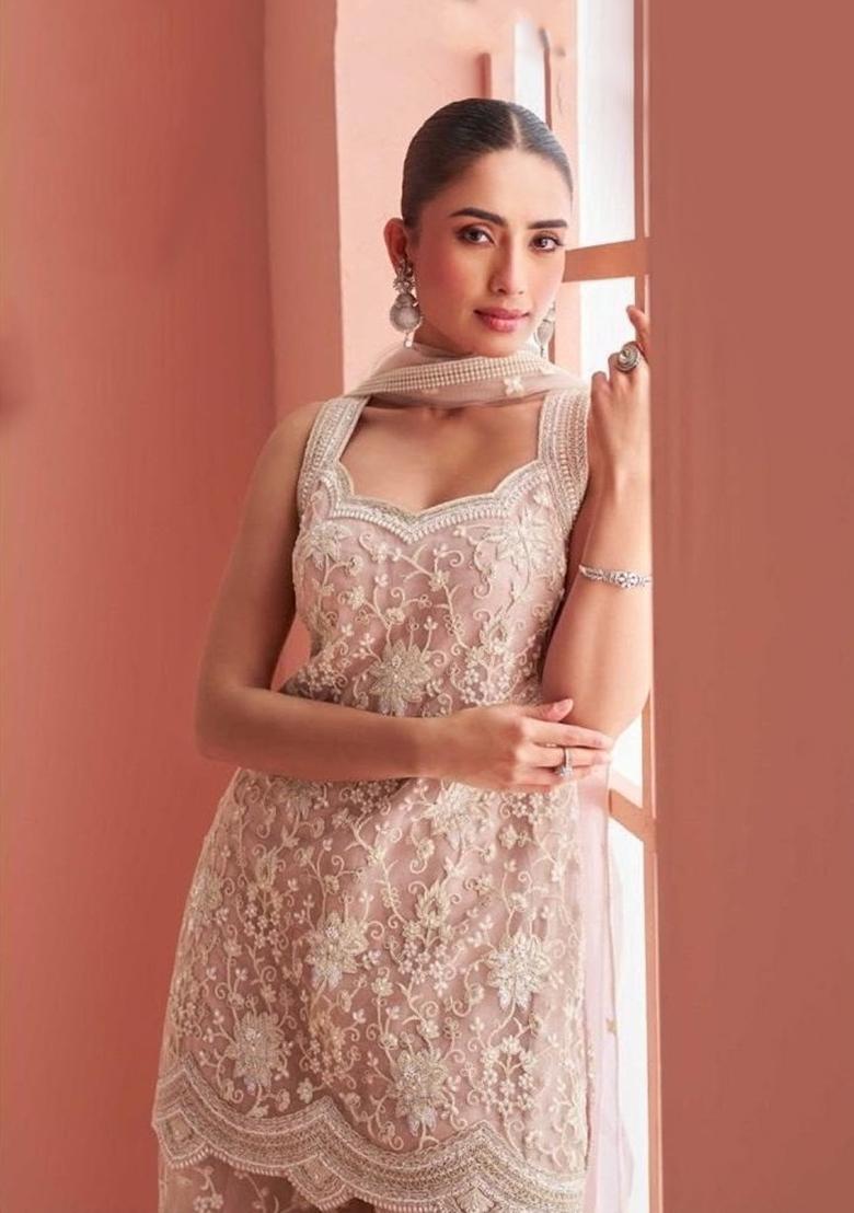 Peach Embroidery Net Kurta Set - Indya