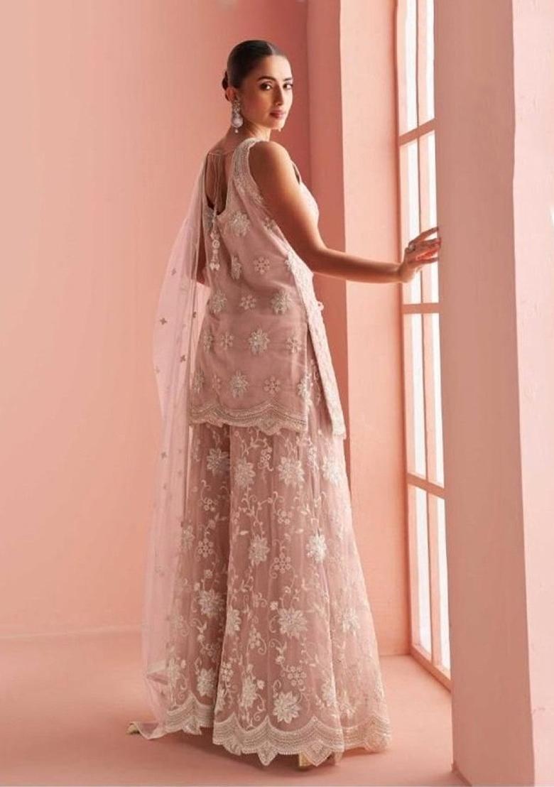 Peach Embroidery Net Kurta Set - Indya