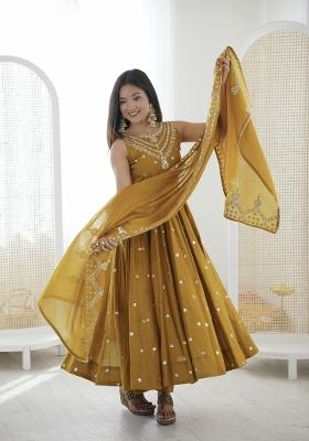 Mustard Embroidery Silk Anarkali Set