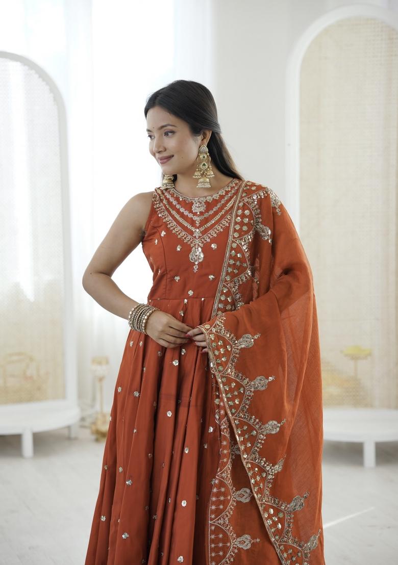 Orange Embroidery Silk Anarkali Set - Indya