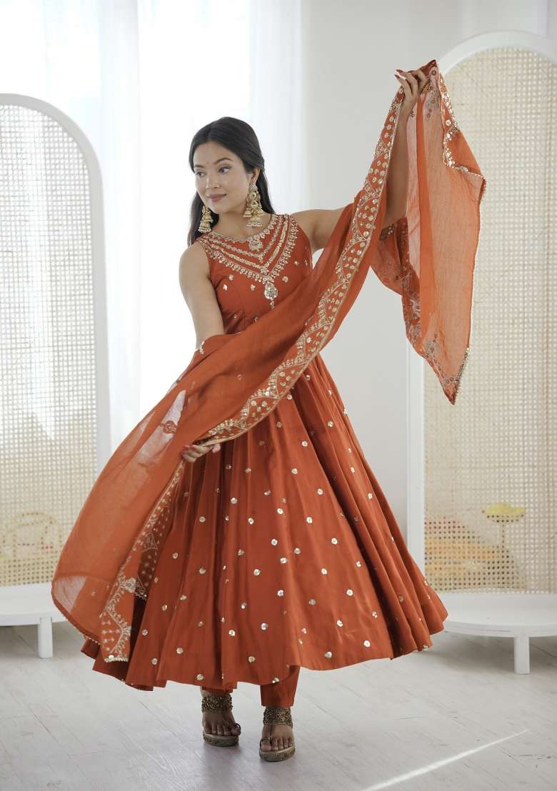 Orange Embroidery Silk Anarkali Set - Indya