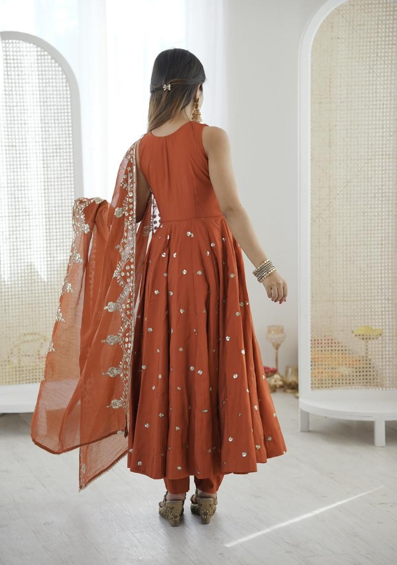 Orange Embroidery Silk Anarkali Set - Indya