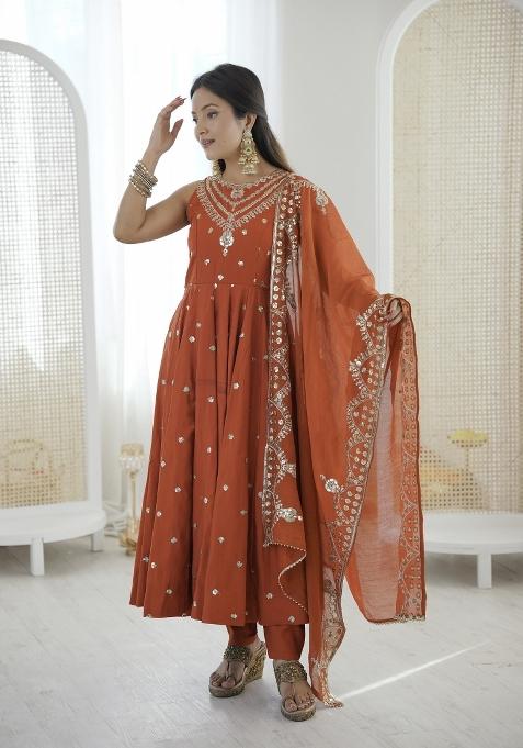 Orange Embroidery Silk Anarkali Set