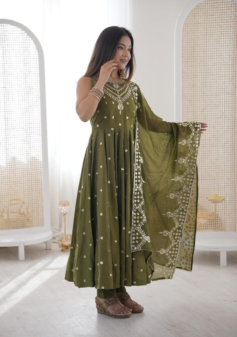 Mehendi Embroidery Silk Anarkali Set - Indya