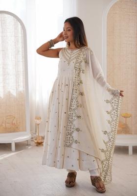 White Embroidery Silk Anarkali Set