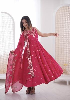 Rani Pink Embroidery Silk Anarkali Set