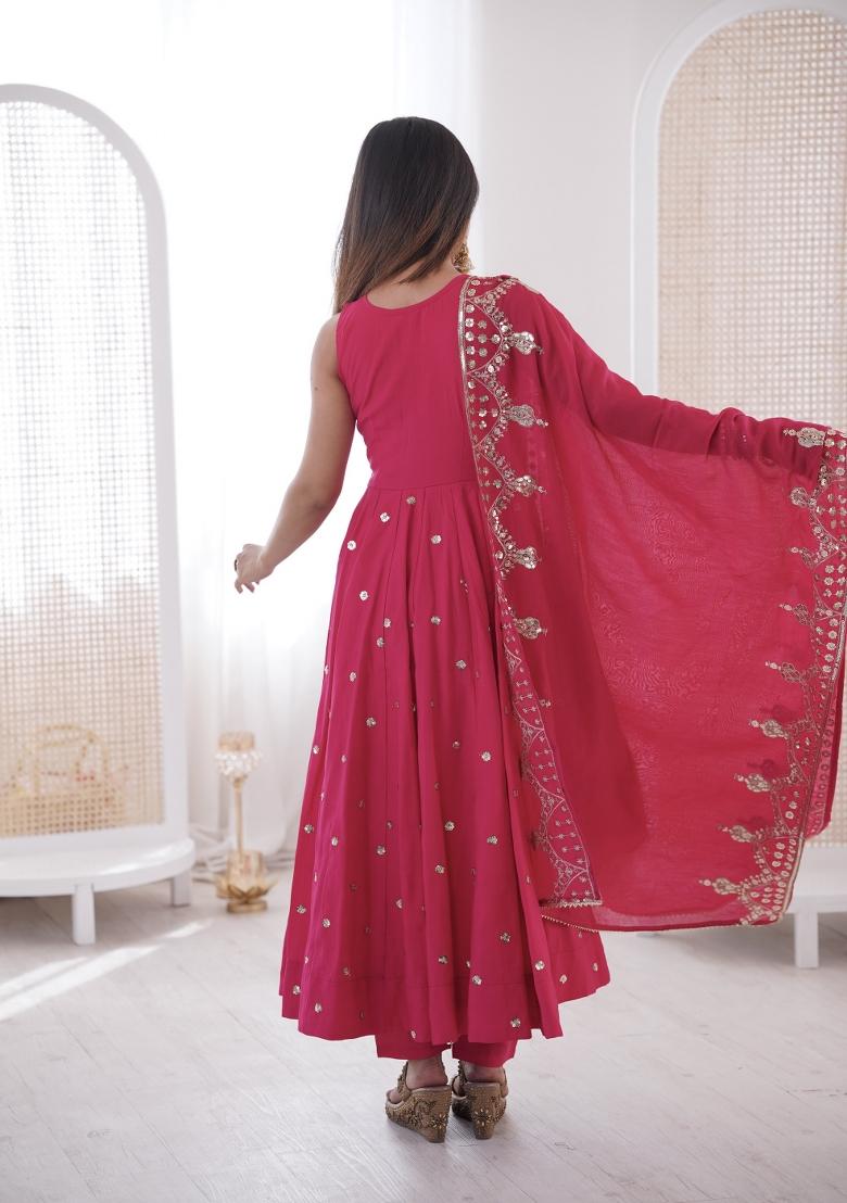 Rani Pink Embroidery Silk Anarkali Set - Indya