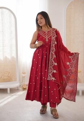 Red Embroidery Silk Anarkali Set