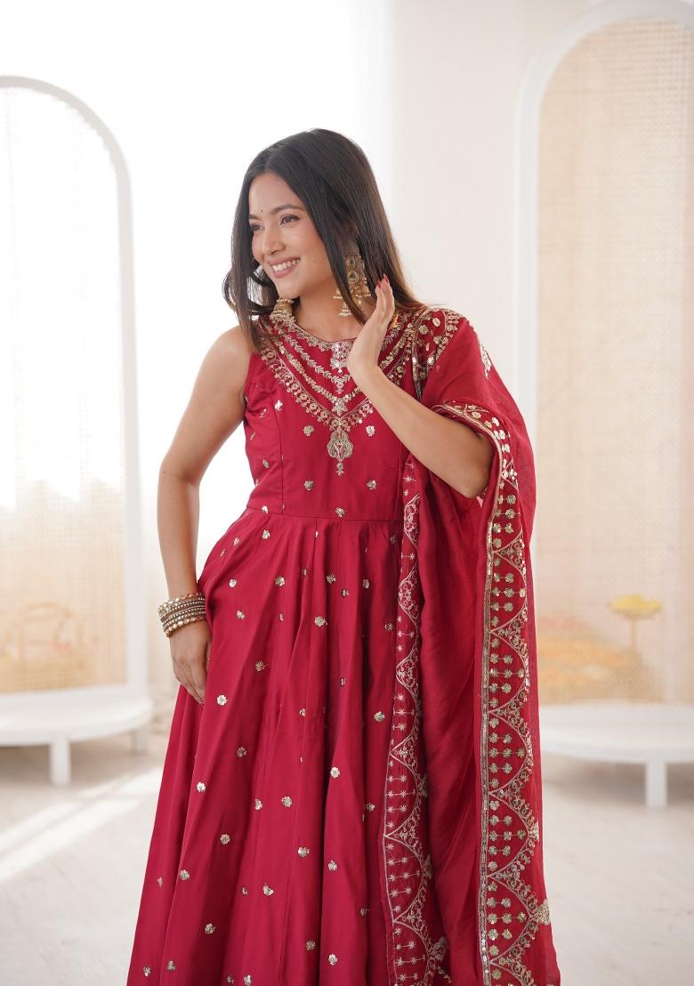 Red Embroidery Silk Anarkali Set - Indya