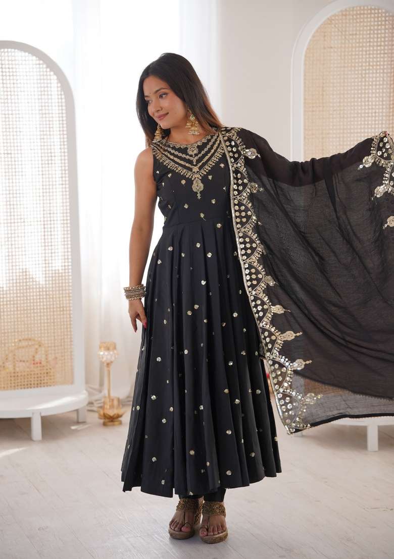 Black Embroidery Silk Anarkali Set - Indya