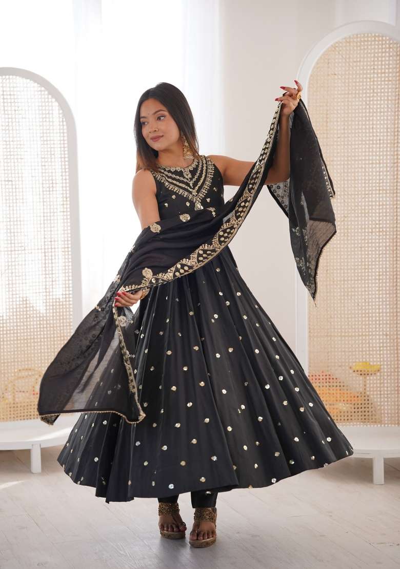 Black Embroidery Silk Anarkali Set - Indya