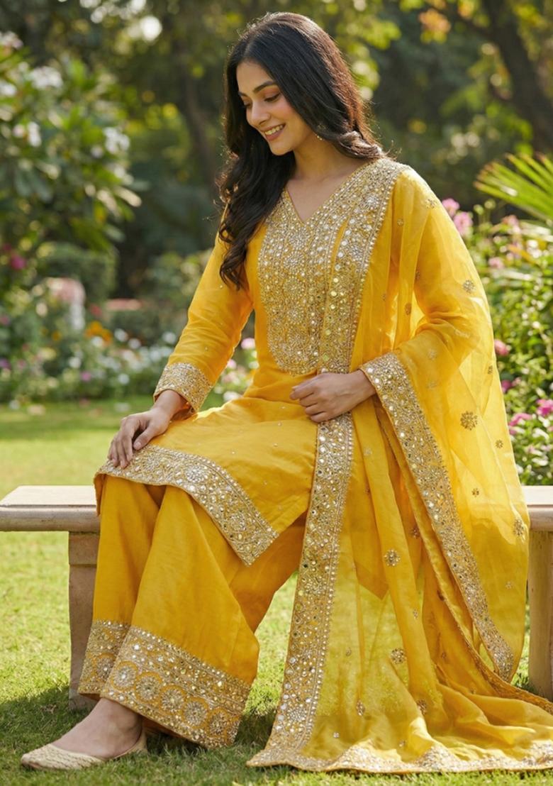 Yellow Embroidery Silk Kurta Set - Indya