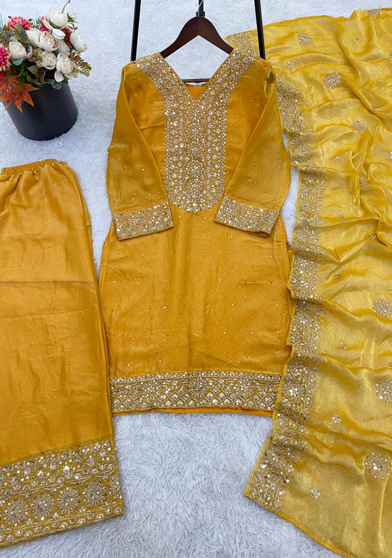 Yellow Embroidery Silk Kurta Set - Indya