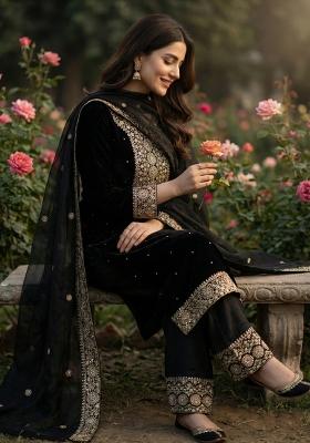 Black Embroidery Silk Kurta Set