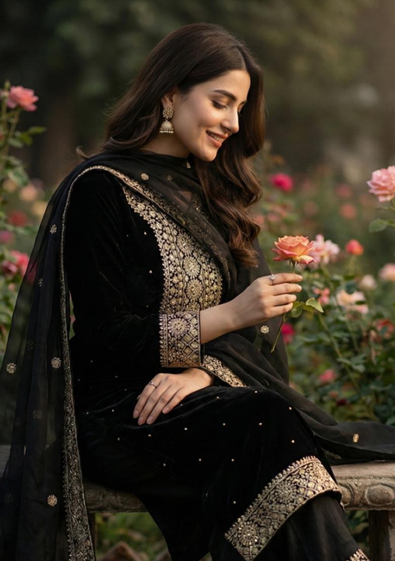 Black Embroidery Silk Kurta Set - Indya
