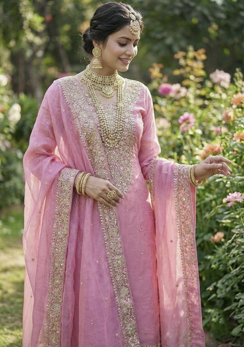 Pink Embroidery Silk Kurta Set - Indya